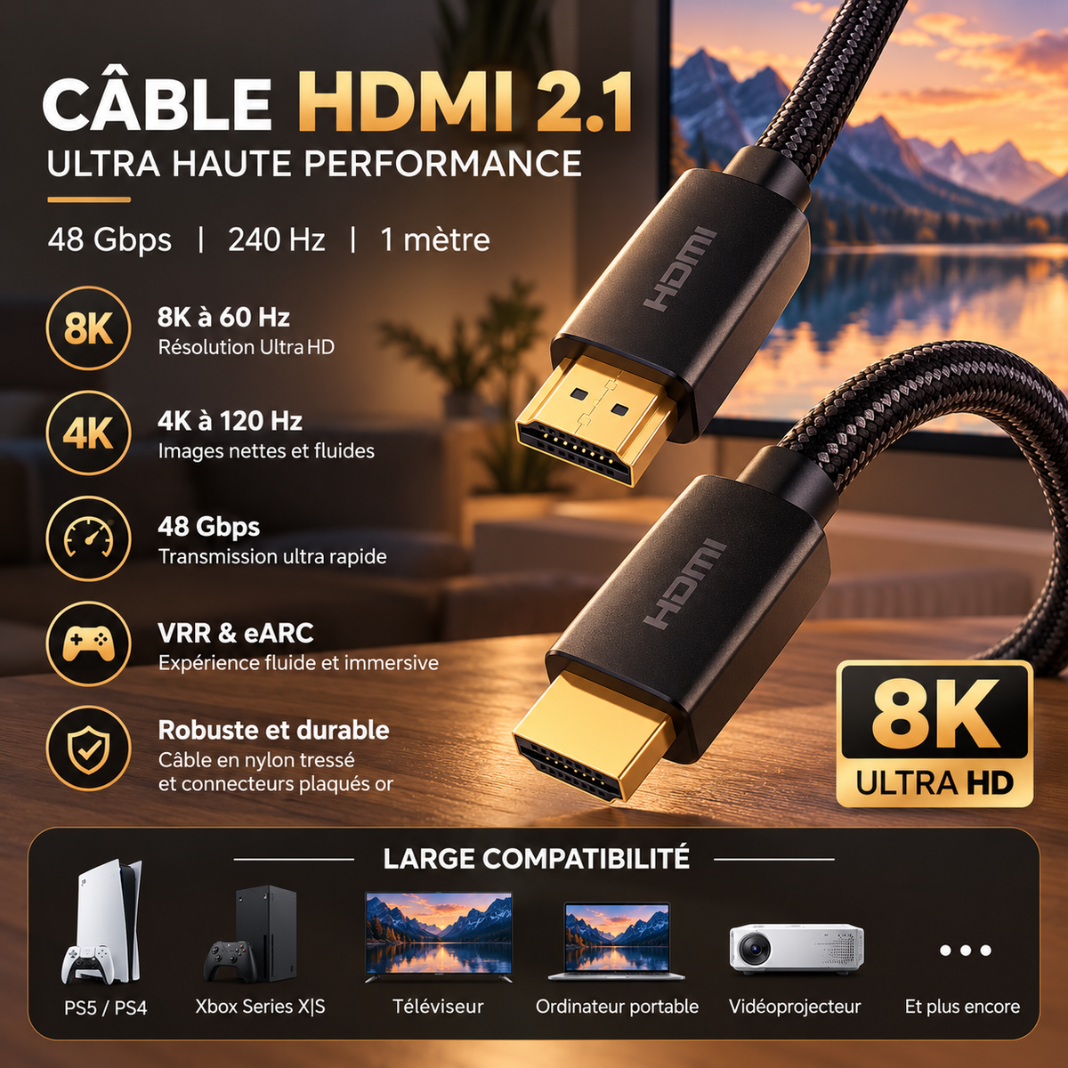 Câble HDMI vers HDMI 8K — 1 m